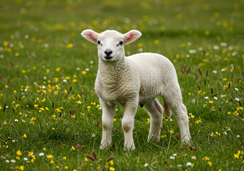 Fototapeta premium Adorable Lamb Standing in a Lush Meadow with Wildflowers Springtime, Farm Animal, Nature Scene
