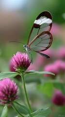 Delicate, translucent butterfly rests on a cluster of vibrant pink clover blossoms.  Soft focus, natural lighting, showcasing intricate wing patterns