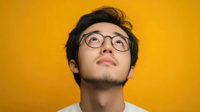 A person wearing glasses looking up towards something, possibly a window or ceiling fixture