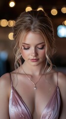 Elegant woman in a blush-colored satin dress, with a sophisticated updo and delicate makeup