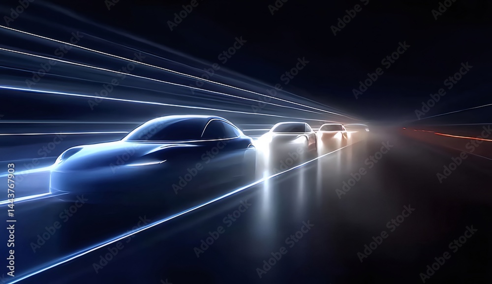 Aufkleber 暗闇の中を走る高速道路を疾走する未来的な車の群れ 青と白の光線が速度と移動を表す 夜の都市風景