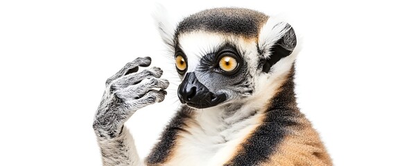 Fototapeta premium Ring tailed lemur stands against a bright white background