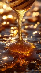 Golden honey dripping from wooden dipper