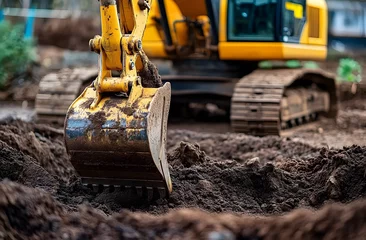 Fototapete Rund Close-up of yellow excavator digging soil, performing earthwork. Heavy machinery equipment removing trunk, roots, performing landscaping. Land improvement process, ground work. Excavation, digging © Masha