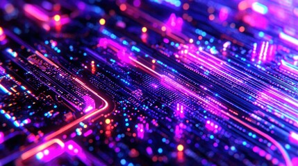 Obraz premium Electric Blue, pink glowing data streams on circuit board