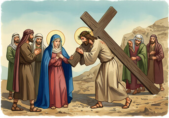 Fototapeta premium Jesus Christ Carrying Cross, Mary Supporting Him, Religious Scene Illustration.