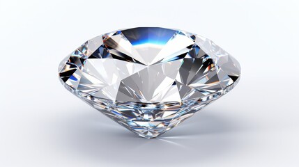 Brilliant-cut diamond with sharp facets, reflecting light and casting a subtle shadow on a neutral background. Luxurious and pristine