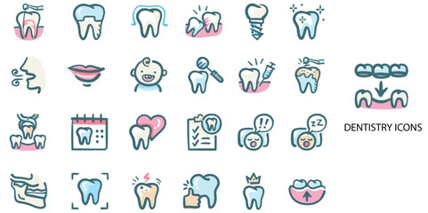 Dentistry simple concept 24 hand drawn color icons set. Contains such dental, teeth, root, enamel, pulp, gum, dentistry .Vector illustration.