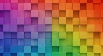 Abstract geometric rainbow colors colored 3d wooden square cubes texture wall background banner illustration panorama long, textured wood wallpaper