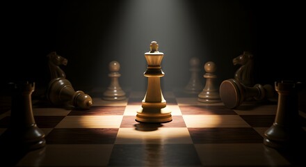 White Chess King Standing Amid Fallen Pieces