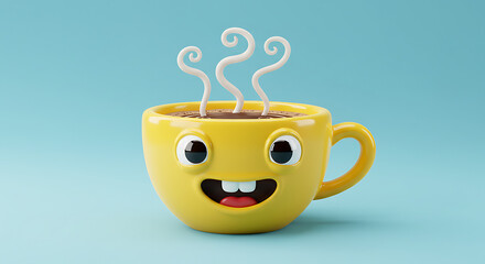 Cheerful yellow cartoon coffee cup with a happy face and steaming hot drink radiates positivity and warmth
