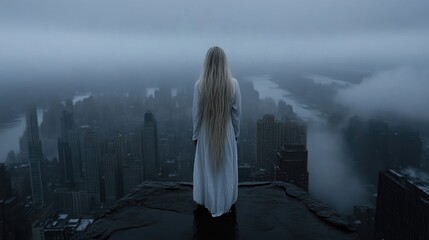 A solitary figure gazes over a misty city