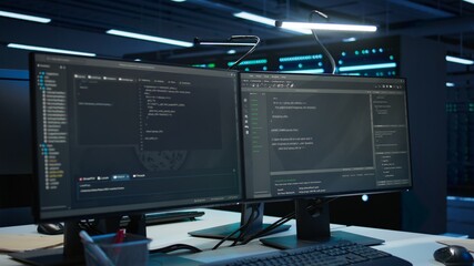 Computer displays in modern data center used for monitoring security threats threatening rigs....
