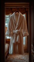 Luxurious cream-colored robe hangs in a hotel room.  Soft, plush material.  Elegant and comfortable