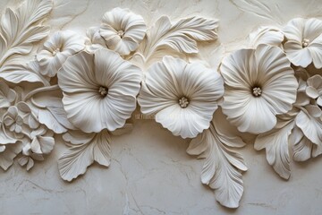 Ornate floral bas-relief carving on a light beige wall.