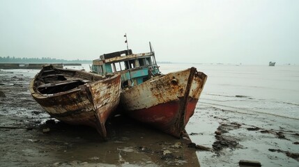 Abandoned rusty fishing boats on the shore