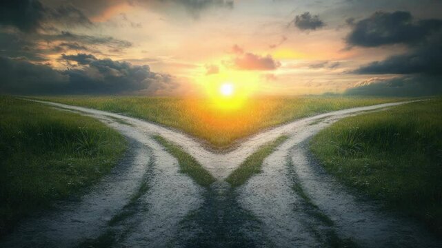 A split in the landscape with two roads going in opposite directions, suitable for illustrations about choices and paths