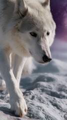 Majestic white wolf striding through snowy landscape