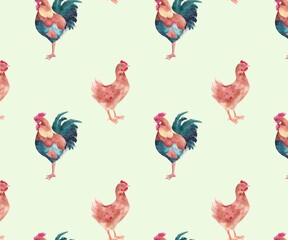 A pattern with watercolor chickens and roosters 