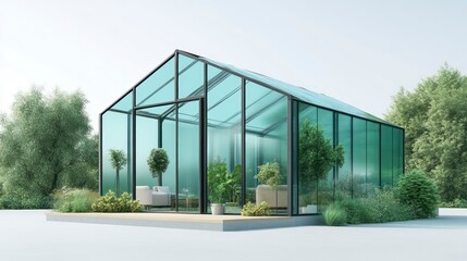 Obraz premium Modern Glass Structure Surrounded by Lush Greenery Ideal for Architectural and Interior Design
