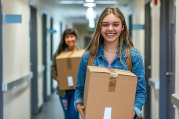 Smiling female college students carry boxes in dormitory hallway on moving day