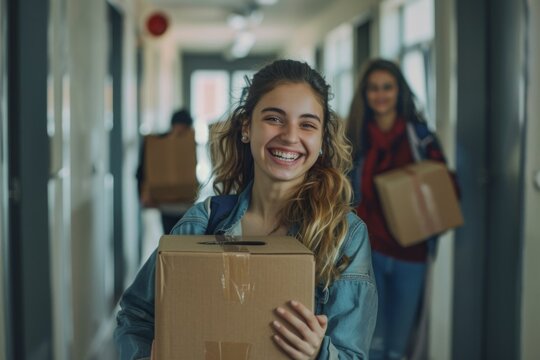 Smiling female college students carry boxes in dormitory hallway on moving day