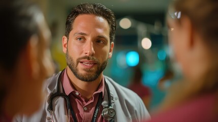 Medical team in discussion.  A doctor and two other medical professionals engaged in a conversation