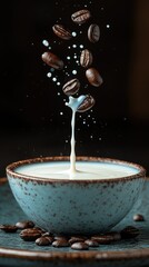 Milk and Coffee Beans Splash in a Bowl