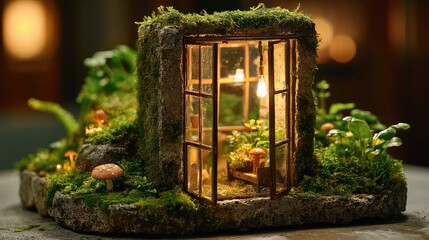 Miniature terrarium garden with glass-front structure.  Features moss, rocks, miniature plants, mushrooms, and warm lighting