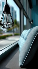 Modern, cozy seating area with a city view