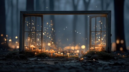 Mystical forest window, glowing mushrooms