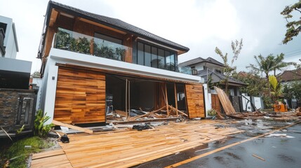 Under-construction modern home with demolition debris