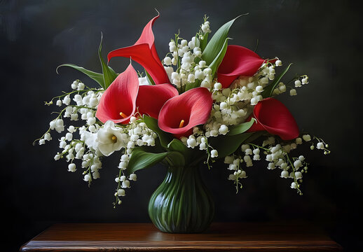 nature morte, peinture d'un bouquet de fleurs rouge Arums rouges et blanches, et petites fleurs clochettes Muguet pour la f&ecirc;te du travail le 1er Mai, Labor day