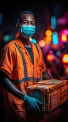 Night worker carrying a box, wearing protective gear