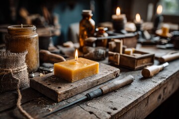 Burning Beeswax Candle atop Rustic Wood Board, alongside Crafting Tools on Distressed Wood Surface in Workshop Setting