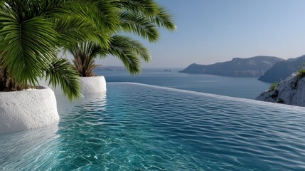 Oceanfront infinity pool with lush palms.  Elevated viewpoint