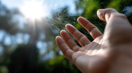 Open hand reaching towards a network of connections in nature.  A hand outstretched, subtly illuminated by sunlight, interacts with a digital network, amidst a natural background