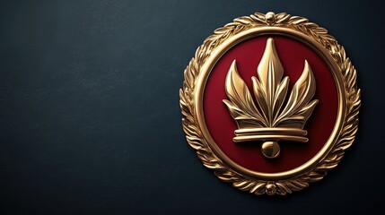 Ornate gold framed decorative emblem on dark background