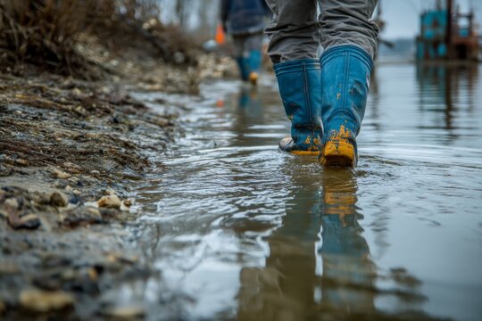 Person wearing rubber boots wading through shallow water with reflection, showcasing outdoor activity and potentially flood cleanup