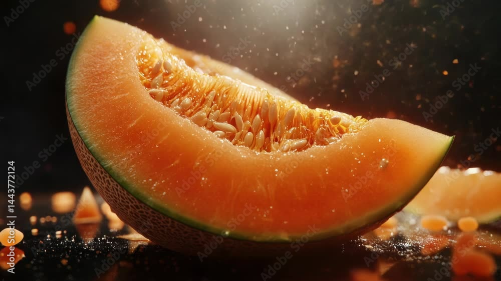 Poster a slice of melon being prepared for serving, water added to keep it fresh