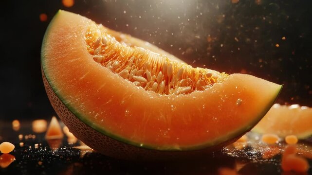A slice of melon being prepared for serving, water added to keep it fresh