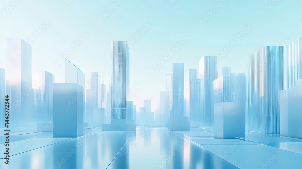 Aufkleber 青い都市景観の抽象的な3dレンダリング 都会的未来的な建物が並ぶ光と影のあるデザイン