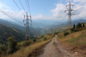 Obraz premium Scenic mountain trail with electricity pylons traversing remote landscape under cloudy sky, energy infrastructure