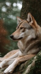Relaxed wolf-like dog resting near a tree