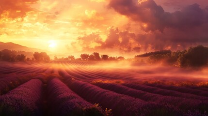 Obraz premium Scenic lavender field sunrise landscape with misty hills sky farm view calm rural light color image