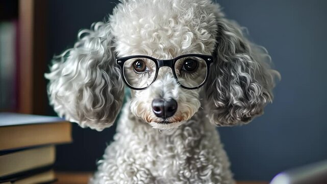 A curly-haired gray poodle sits in a room facing a stack of books on one side and a partially visible laptop on the other, with a blurred background.