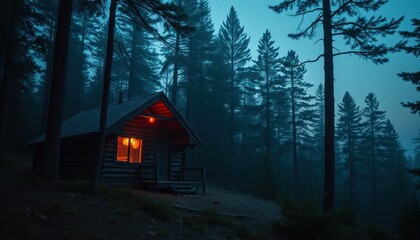 Mystical cabin illuminated within a tranquil forest amidst a muted color palette of blues and greens