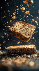 Sliced bread in mid-air, showered with seeds and nuts