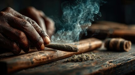 Skilled hands meticulously roll a hand-rolled cigar, smoke rising