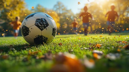 Children playing soccer in autumn park